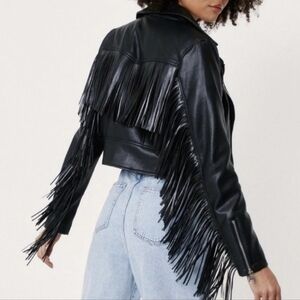 NastyGal Faux Leather Fringe Cropped Jacket